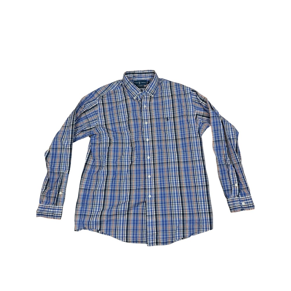 Ralph Lauren Mens Custom Fit Blue Orange Plaid Button Down Shirt Large L Pony - Picture 3 of 6